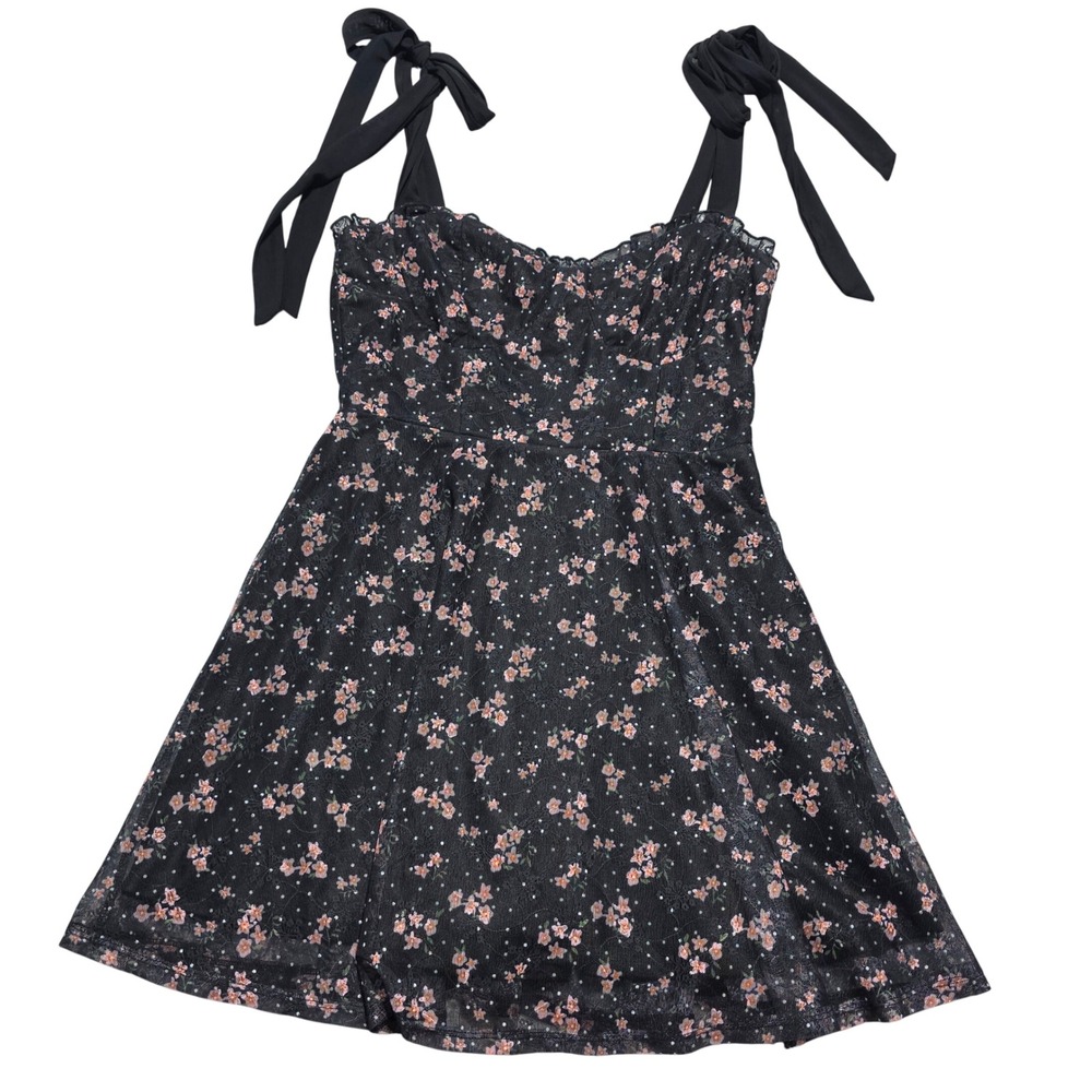 Lulus Floral Lace Tie Strap Mini Dress Black Pink Medium Women Skater Fairy